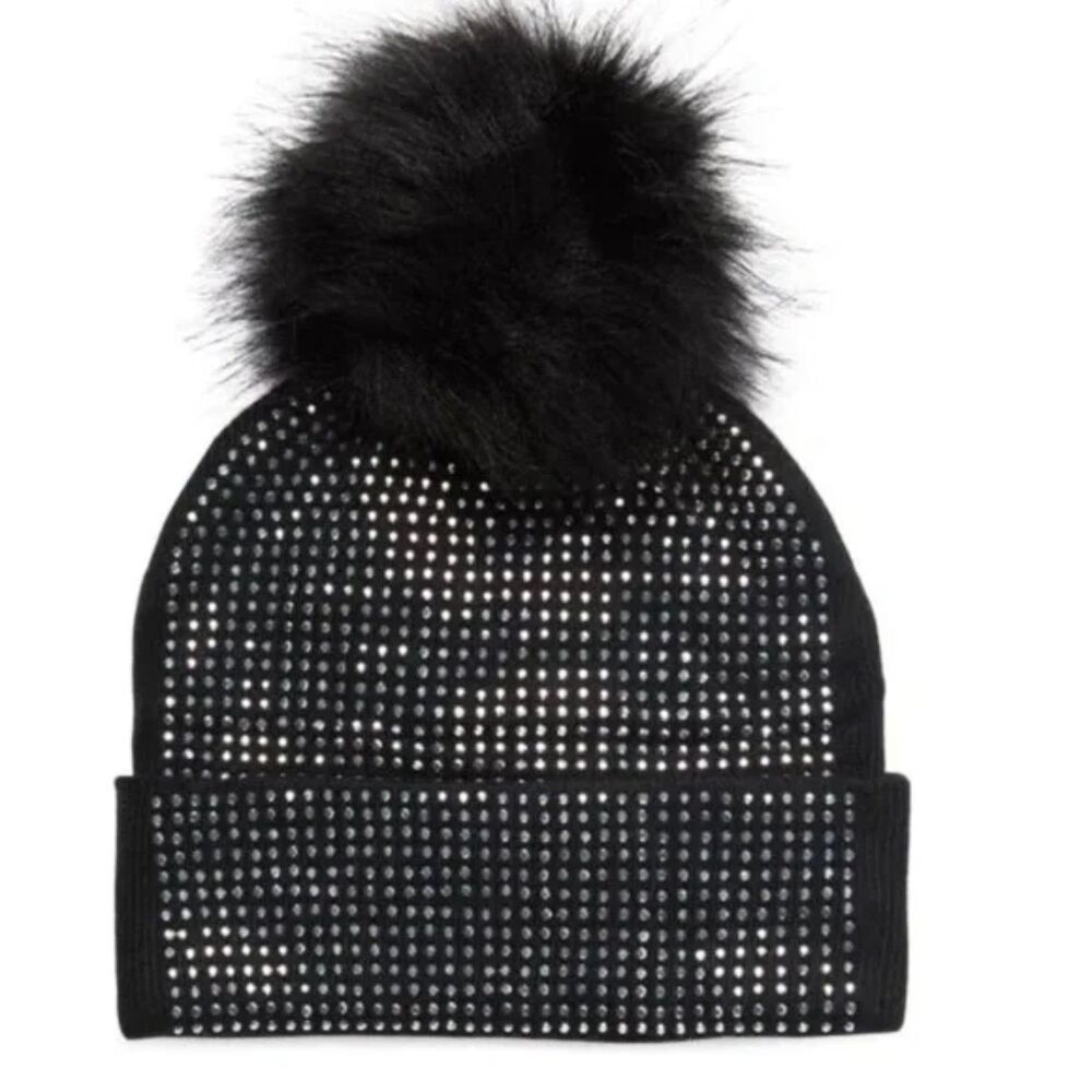 NWT Adrienne Landau Women’s Y2K Black Rhinestone Pom Beanie | Luxe Winter Glam‎